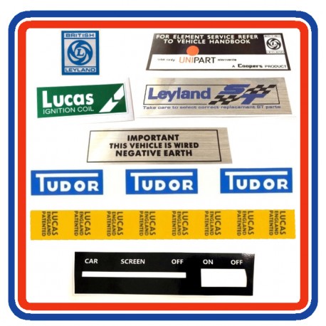 Mini 1275GT 7 Piece Engine Bay Sticker Bundle with heater control panel sticker