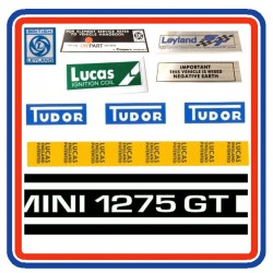 Mini 1275GT 7 Piece Engine Bay Sticker Bundle with white side stripes