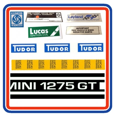 Mini 1275GT 7 Piece Engine Bay Sticker Bundle with white side stripes