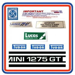 Mini 1275GT 6 Piece Engine Bay Sticker Bundle 75 on with white side stripes
