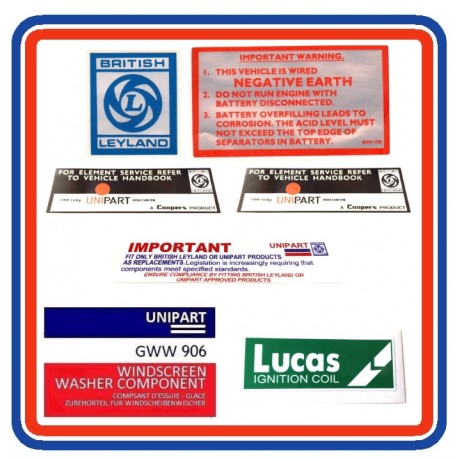 MGB & GT 7 Piece Engine Bay Sticker Bundle (Plastic Bumper)