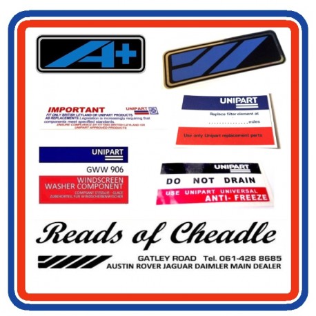 Austin Rover Mini 7 Piece Engine Bay Sticker Bundle + Dealer Sticker